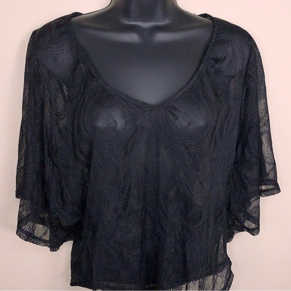 Small Lily Rose Black Lace Blouse Scoop Neckline Flowy Sheer Goth - Picture 8 of 13